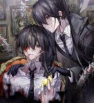  2boys absurdres bai_liu bishounen black_eyes black_gloves black_necktie blood blood_on_clothes blood_on_face chair gloves hair_over_eyes highres i_became_a_god_in_a_horror_game long_hair long_sleeves looking_at_viewer male_focus multiple_boys necktie sitting yua37 