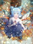 1girl absurdres autumn autumn_leaves blue_dress blue_eyes blue_hair cattleya_(a_yel_ttac) cirno clenched_hands dress from_above highres ice ice_wings open_mouth shirt shoes short_sleeves smile snowflakes solo touhou white_shirt wings