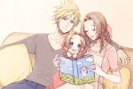  1boy 2girls aerith_gainsborough ancotsubu apron arm_around_shoulder bangs blonde_hair blue_eyes blue_pants blush book braid brown_hair closed_eyes cloud_strife collared_shirt couch dress father_and_daughter female_child final_fantasy final_fantasy_vii final_fantasy_vii_remake frilled_sleeves frills grey_shirt hair_between_eyes hair_ribbon holding holding_book if_they_mated indoors long_hair mother_and_daughter multiple_girls on_couch open_mouth pants parent_and_child parted_bangs pillow pink_dress pink_ribbon reading ribbon shirt shirt_under_dress short_hair short_sleeves sidelocks sitting smile spiky_hair t-shirt twin_braids wavy_hair yellow_apron yellow_background 