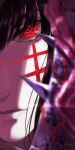  1girl bangs black_hair chainsaw_man cheng_(zi74438982) cross_scar holding holding_weapon light_rays long_hair looking_at_viewer red_eyes ringed_eyes scar scar_on_cheek scar_on_face simple_background solo spine weapon white_background yoru_(chainsaw_man) 