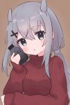  1girl blush bottle brown_background grey_eyes grey_hair hair_between_eyes headgear highres holding holding_bottle i-201_(kancolle) kantai_collection long_hair long_sleeves looking_at_viewer open_mouth red_sweater simple_background smile solo sweater turtleneck turtleneck_sweater unoi upper_body 
