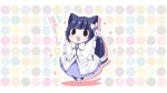  1girl animal_ears black_eyes black_hair bow bowtie cat_ears cat_tail chibi commentary_request dress full_body kanimiso_umaina long_hair magary_(nise_seiken_monogatari) nise_seiken_monogatari polka_dot polka_dot_background solo tail white_bow white_bowtie white_dress 