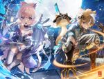  1boy 1girl animal_ears bangs bare_shoulders blue_hair blunt_bangs bow-shaped_hair breasts brown_hair colored_tips daniel_deng dog_boy dog_ears dog_tail genshin_impact gloves gorou_(genshin_impact) gradient_hair hair_between_eyes highres japanese_clothes long_hair looking_at_viewer multicolored_hair navel pink_hair sangonomiya_kokomi solo streaked_hair tail thick_eyebrows thigh-highs violet_eyes white_gloves white_hair wide_sleeves 