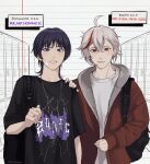  2boys backpack bag black_shirt clothes_writing earrings genshin_impact grey_hair highres hood izeichan jacket jewelry kaedehara_kazuha long_sleeves male_focus multicolored_hair multiple_boys necklace purple_hair red_eyes red_jacket redhead scaramouche_(genshin_impact) shirt short_hair t-shirt violet_eyes 