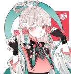  1girl bangs blunt_bangs fingerless_gloves flower gloves moon_(ornament) red_eyes rose solo weibo_7136147366 white_background white_hair 