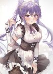  1girl alternate_costume apron bangs braid commentary_request cone_hair_bun detached_sleeves double_bun enmaided genshin_impact hair_between_eyes hair_bun highres keqing_(genshin_impact) long_hair long_sleeves looking_at_viewer maid maid_apron maid_headdress maruro parted_lips purple_hair short_sleeves sidelocks single_braid solo twintails violet_eyes 