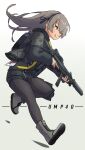  1girl :q bangs black_jacket black_pantyhose black_shorts black_skirt boots character_name closed_mouth commentary_request floating_hair full_body girls_frontline gradient gradient_background grey_background grey_footwear grey_hair gun h&amp;k_ump40 hair_between_eyes highres holding holding_gun holding_weapon jacket kuro_kosyou long_hair long_sleeves looking_away name_connection object_namesake pantyhose running shoe_soles shorts skirt smile solo tongue tongue_out trigger_discipline ump40_(girls&#039;_frontline) weapon white_background yellow_eyes 