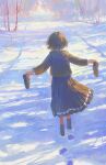  1girl brown_hair child day female_child fjsmu footprints from_behind highres holding holding_shoes loafers long_sleeves original outdoors outstretched_arms scenery shirt shoes short_hair skirt snow socks solo spread_arms tree winter 
