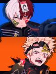  2boys anger_vein angry artist_name bakugou_katsuki bangs bangs_pinned_back black_gloves black_outline blonde_hair blue_background blue_eyes boku_no_hero_academia burn_scar cactusnabe chromatic_aberration closed_mouth color_coordination commentary diagonal_stripes drop_shadow english_text eye_mask eyes_visible_through_hair film_grain finger_to_another&#039;s_cheek fingerless_gloves flammable_symbol fragile_symbol frown gloves grey_eyes hair_between_eyes hand_up heterochromia hexagon high_collar highres holding letterboxed looking_at_another male_focus mask mask_on_head mismatched_pupils multicolored_hair multiple_boys narrowed_eyes open_mouth orange_background orange_gloves outline outside_border parted_hair pinstripe_pattern portrait reaching red_eyes redhead sanpaku scar scar_on_face short_hair sign spiky_hair split-color_hair split_screen square sticker_on_face straight_hair striped striped_background symbol-only_commentary todoroki_shouto triangle twitter_username two-tone_gloves two-tone_hair v-shaped_eyebrows warning_sign white_hair white_outline 