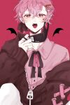  1boy bangs bat_wings bishounen crossed_bangs earrings facial_mark hair_ornament hairclip heart heart-shaped_pupils heart_earrings highres jewelry looking_at_viewer male_focus muinya open_mouth pink_background pink_hair ring solo sweater symbol-shaped_pupils wings 