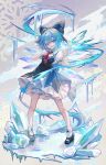  1girl ahoge bangs blue_bow blue_dress blue_eyes blue_footwear blue_hair bow bowtie breasts cirno closed_mouth collared_shirt dress full_body gradient gradient_background grey_background hair_between_eyes hands_up highres ice ice_wings kyusoukyu looking_to_the_side magic medium_breasts pinafore_dress polka_dot polka_dot_background puffy_short_sleeves puffy_sleeves purple_background red_bow red_bowtie shirt shoes short_hair short_sleeves smile snowflakes socks solo standing teeth touhou v-shaped_eyebrows white_shirt white_socks wings 