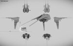  3d absurdres artist_name commentary concept_art dani-sang english_text eve_online frigate_(eve_online) greyscale highres military military_vehicle minmatar_republic_(eve_online) monochrome multiple_views no_humans original science_fiction simple_background spacecraft thrusters vehicle_focus 