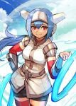  armor bangs black_shorts blue_hair blue_sky boots breasts closed_mouth clouds crosscode day energy_rings hair_between_eyes hand_on_hip headgear hide_(hideout) holding holding_weapon lea_(crosscode) light_smile long_hair looking_at_viewer medium_breasts pauldrons red_eyes shirt shorts shoulder_armor sky standing surcoat thigh_boots undershirt vambraces weapon 