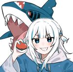  1girl absurdres bangs blue_eyes blue_hair blue_hoodie blue_nails blush emne gawr_gura grin hair_ornament highres holding holding_poke_ball hololive hololive_english hood hoodie long_sleeves multicolored_hair poke_ball pokemon pokemon_(creature) shark_girl shark_hair_ornament sharp_teeth sharpedo simple_background smile streaked_hair teeth two_side_up upper_body virtual_youtuber white_background white_hair 