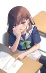  1girl :d bangs black_thighhighs blue_shirt blush bow bowtie breasts brown_hair chair collarbone commentary_request desk fang feet_out_of_frame green_bow green_bowtie hand_on_own_cheek hand_on_own_face hand_up highres long_hair looking_at_viewer na-ga on_chair open_mouth original pleated_skirt pointing school_chair school_desk school_uniform shirt sitting sketchbook skirt small_breasts smile solo thigh-highs violet_eyes white_background white_skirt zettai_ryouiki 