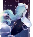  air_bubble blurry bubble closed_mouth commentary from_side green_hair highres long_hair no_humans pillarboxed pio_(piopio_poke) pokemon pokemon_(creature) primarina solo underwater 