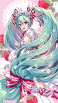  1girl apron aqua_eyes aqua_hair aqua_nails bare_shoulders bow bowtie collared_dress detached_sleeves dress feet_out_of_frame flower food food-themed_hair_ornament fruit hair_between_eyes hair_bow hair_flower hair_ornament hatsune_miku highres long_hair long_sleeves looking_at_viewer looking_back low-tied_long_hair maid_apron nail_polish nardack number_tattoo open_mouth puffy_long_sleeves puffy_sleeves red_bow red_bowtie sleeveless sleeveless_dress smile solo strawberry strawberry_hair_ornament striped striped_bow tattoo teeth thigh-highs twintails upper_teeth very_long_hair vocaloid white_dress white_flower white_thighhighs 