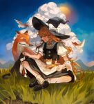  1girl absurdres apron bandaid bandaid_on_knee bandaid_on_leg bird black_footwear black_headwear black_skirt black_vest blonde_hair bow braid branch cat clouds commentary cumulonimbus_cloud day fingernails fox full_body grass hair_bow hat hat_bow highres kirisame_marisa long_hair looking_at_animal mole mole_under_eye mountainous_horizon outdoors parted_lips petting profile puffy_short_sleeves puffy_sleeves red_bow shirt shoes short_sleeves single_braid sitting skirt skirt_set sky smile socks solo sun tokinhr touhou very_long_hair vest waist_apron white_apron white_bow white_shirt white_socks witch_hat yellow_eyes 