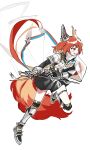  1girl animal_ears arknights armored_boots black_skirt boots ear_covers ear_tag earpiece flametail_(arknights) gauntlets highres hikarupig holding holding_sword holding_weapon long_hair pleated_skirt red_eyes redhead shirt simple_background skirt solo squirrel_ears squirrel_girl squirrel_tail sword tail weapon white_background white_shirt 