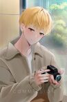  1boy absurdres bishounen blonde_hair camera character_request highres holding holding_camera looking_at_viewer male_focus short_hair smile solo yellow_eyes yonmaru6 