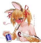  1girl animal_costume animal_ear_fluff animal_ears bare_shoulders blush brown_eyes brown_hair cat_ears cat_girl cup drink extra_ears kemono_friends kemono_friends_v_project kotons large-spotted_genet_(kemono_friends) long_hair open_mouth ribbon shirt simple_background solo twintails virtual_youtuber 