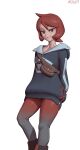  1girl absurdres arezu_(pokemon) arms_behind_back collarbone highres hood hoodie jacket looking_at_viewer medium_hair pokemon pokemon_(game) pokemon_legends:_arceus red_eyes redhead shoes simple_background smile solo standing teeth white_background wjs07 