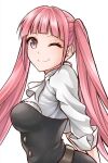  1girl ;) arms_behind_back ascot bangs blunt_bangs breasts buttons closed_mouth eyelashes fire_emblem fire_emblem:_three_houses garreg_mach_monastery_uniform hilda_valentine_goneril long_hair looking_at_viewer medium_breasts one_eye_closed pink_eyes pink_hair simple_background smile solo ten_(tenchan_man) twintails very_long_hair white_ascot white_background 