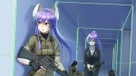  2boys 2girls animal_ears assault_rifle black_gloves black_jacket black_pants black_vest brown_shirt business_suit corpse fingerless_gloves formal gloves gun handgun highres holding holding_weapon jacket long_hair m16 military military_uniform multiple_boys multiple_girls pants purple_hair rabbit_ears red_eyes reisen_udongein_inaba rifle shirt short_sleeves suit tatsu_toyoyo touhou uniform vest watatsuki_no_yorihime weapon white_shirt 