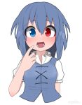  1girl absurdres blue_eyes blue_hair blue_vest blush cropped_torso cross-laced_clothes heterochromia highres looking_at_viewer open_mouth red_eyes short_hair short_sleeves simple_background solo tatara_kogasa topadori touhou upper_body vest white_background 
