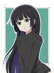  1girl bangs black_hair blunt_bangs bocchi_the_rock! colored_inner_hair highres hime_cut long_hair long_sleeves looking_at_viewer multicolored_hair open_mouth pa-san purple_hair ribbed_sweater solo standing sweater thu_(poland) turtleneck turtleneck_sweater upper_body 
