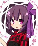  1girl :d bangs blush brown_hair commentary_request floral_background hair_between_eyes hair_ribbon hand_up japanese_clothes kimono looking_at_viewer original print_kimono purple_ribbon rensei ribbon smile solo upper_body violet_eyes white_background yagasuri 