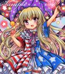  1girl :d american_flag_dress american_flag_legwear arm_up bangs blonde_hair blue_dress blush brooch clownpiece cowboy_shot dress fairy_wings fang hat holding index_finger_raised jester_cap jewelry long_hair looking_at_viewer marker_(medium) multicolored_clothes multicolored_dress neck_ruff open_mouth polka_dot_headwear print_dress purple_hair purple_headwear purple_ribbon red_dress ribbon rui_(sugar3) sample_watermark short_sleeves smile solo star_(symbol) star_print striped striped_dress thigh-highs touhou traditional_media very_long_hair wings 
