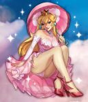  1girl ass bare_shoulders blonde_hair blue_eyes breasts christine_spiegel crown dress earrings elbow_gloves gloves highres jewelry large_breasts long_hair looking_at_viewer panties princess_peach smile solo super_mario_bros. umbrella underwear white_gloves 