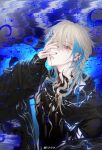  1boy absurdres aza_(virtuareal) bishounen blue_hair ear_piercing earrings highres jewelry long_sleeves looking_at_viewer male_focus multicolored_hair neck_tattoo piercing red_eyes solo tattoo two-tone_hair weibo_1765307475 