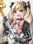  1girl :d bangs black_bow blonde_hair bow bowtie earrings elise_(fire_emblem) eyelashes fire_emblem fire_emblem_fates flat_chest flower gloves gradient gradient_background grey_gloves hair_bow heart holding holding_staff jewelry long_hair looking_at_viewer multicolored_hair multiple_hair_bows open_mouth pink_bow pink_bowtie pink_eyes purple_hair rose smile solo staff ten_(tenchan_man) twintails two-tone_hair very_long_hair white_flower white_rose 