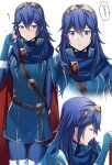  1girl ameno_(a_meno0) bangs belt blue_cape blue_eyes blue_gloves blue_hair blue_sweater blush brown_belt cape closed_eyes closed_mouth falchion_(fire_emblem) fingerless_gloves fire_emblem fire_emblem_awakening gloves hair_between_eyes holding holding_sword holding_weapon jewelry long_hair lucina_(fire_emblem) multiple_views profile red_cape ribbed_sweater simple_background speech_bubble sweater sword tiara translation_request turtleneck turtleneck_sweater two-tone_cape weapon white_background 