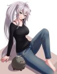  1girl :d absurdres ahoge animal_ears arm_support barefoot black_shirt bra_strap breasts denim grey_eyes grey_hair grey_pants head_tilt highres hololive large_breasts lion_ears lion_girl long_hair long_sleeves looking_at_viewer open_mouth pants ponytail shiny shiny_hair shirt shishiro_botan sitting smile solo sone_(cortisone) ssrb very_long_hair virtual_youtuber white_background 