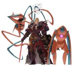  1boy armor belt blonde_hair breastplate cape commentary crossover deoxys deoxys_(attack) deoxys_(defense) final_fantasy final_fantasy_xiv fringe_trim full_body garlean greaves grey_eyes hair_over_one_eye highres holding holding_poke_ball holding_sword holding_weapon long_hair looking_at_viewer male_focus one_eye_covered pauldrons poke_ball pokemon pokemon_(creature) potion_lilac red_cape sash shoulder_armor simple_background standing straight_hair sword third_eye torn_cape torn_clothes weapon white_background yellow_sash zenos_yae_galvus 