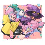 1girl bellibolt bow-shaped_hair character_hair_ornament grey_pantyhose hair_ornament hexagon_print highres iono_(pokemon) jacket lumpypacas mismagius multicolored_hair oversized_clothes pantyhose pokemon pokemon_(game) pokemon_sv sharp_teeth single_leg_pantyhose sleeves_past_fingers sleeves_past_wrists split-color_hair teeth twintails very_long_sleeves x yellow_jacket