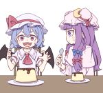  2girls absurdres ascot bangs bat_wings blue_bow blue_hair blunt_bangs bow bowtie bun_cover collared_shirt double_bun dress fang food frilled_shirt_collar frilled_sleeves frills hair_bow hair_bun hat hat_bow highres kame_(kamepan44231) long_hair long_sleeves mob_cap multiple_girls patchouli_knowledge pink_headwear pink_shirt pudding puffy_short_sleeves puffy_sleeves purple_dress purple_hair purple_headwear red_ascot red_bow red_bowtie red_eyes remilia_scarlet robe saliva saliva_trail shirt short_hair short_sleeves sitting skin_fang spoon striped striped_dress sweatdrop table touhou vertical-striped_dress vertical_stripes very_long_hair violet_eyes wide_sleeves wings wrist_cuffs 