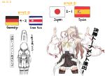  2022_fifa_world_cup 2girls bangs bismarck_(kancolle) breasts brown_eyes brown_hair clenched_hands costa_rican_flag dated detached_sleeves frills german_flag giving_up_the_ghost gloves hat headgear japanese_flag kantai_collection kongou_(kancolle) long_hair multiple_girls nontraditional_miko ribbon-trimmed_sleeves ribbon_trim simple_background spanish_flag suda_(yuunagi_enikki) thigh-highs white_background wide_sleeves world_cup 
