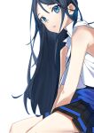  1girl black_hair black_skirt blue_eyes blue_theme commentary eyebrows_hidden_by_hair from_side hair_between_eyes highres hoshino_ichika_(project_sekai) long_hair looking_at_viewer looking_to_the_side mgc52003625 parted_lips plaid plaid_skirt pleated_skirt project_sekai shirt simple_background skirt sleeveless sleeveless_shirt solo white_background white_shirt 
