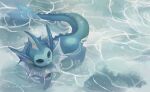  air_bubble aqua_eyes bubble commentary_request from_above full_body looking_to_the_side momomo12 no_humans pokemon pokemon_(creature) signature solo vaporeon water watermark 