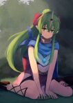  1girl back_bow bangs between_legs blue_cape bow brown_footwear cape crossed_bangs dragonstone fire_emblem fire_emblem:_mystery_of_the_emblem fire_emblem_heroes grass green_eyes hair_between_eyes hair_bow hand_between_legs headpiece high_collar highres labebebe_lee light_green_hair light_particles looking_at_viewer pointy_ears red_bow red_sash sash sidelocks sitting smile solo split_mouth tiki_(fire_emblem) 