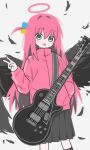  1girl angel_wings bangs black_feathers black_skirt black_wings blue_eyes bocchi_the_rock! cube_hair_ornament electric_guitar feathered_wings feathers feet_out_of_frame gibson_les_paul gotou_hitori grey_background guitar hair_between_eyes hair_bobbles hair_ornament halo hand_in_pocket instrument jacket kneehighs light_blush long_hair looking_at_viewer multicolored_eyes multicolored_hair_bobbles open_mouth passersby pink_hair pink_halo pink_jacket pleated_skirt raised_eyebrows skirt smile socks solo swept_bangs track_jacket v wings yellow_eyes 