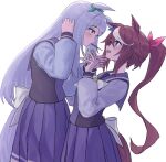  2girls animal_ears bangs blue_eyes blush bow bowtie brown_hair ear_bow eye_contact food hand_on_another&#039;s_chin highres horse_ears horse_girl horse_tail icebell_(kourisuzuu) long_hair long_sleeves looking_at_another mejiro_mcqueen_(umamusume) mouth_hold multicolored_hair multiple_girls open_mouth pocky pocky_kiss ponytail purple_hair purple_shirt purple_skirt sailor_collar school_uniform shirt sideways_mouth skirt streaked_hair tail tokai_teio_(umamusume) tracen_school_uniform umamusume violet_eyes yuri 