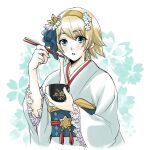  1girl bangs blonde_hair blue_eyes bowl chopsticks commentary_request cropped_torso earrings fire_emblem fire_emblem_heroes fjorm_(fire_emblem) floral_background food headband holding holding_bowl holding_chopsticks japanese_clothes jewelry kimono long_sleeves looking_at_viewer noodles obi open_mouth oto_nagi sash short_hair solo upper_body white_background white_kimono 