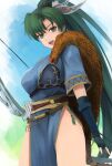  1girl :d absurdres arrow_(projectile) black_gloves blue_dress bow_(weapon) breasts cowboy_shot dress fingerless_gloves fire_emblem fire_emblem:_the_blazing_blade fire_emblem_heroes gloves green_eyes green_hair highres labebebe_lee large_breasts long_hair lyn_(fire_emblem) open_mouth pelvic_curtain ponytail sash side_slit smile solo standing thighs upper_body very_long_hair weapon yellow_sash 
