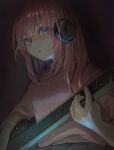  1girl absurdres bangs blue_eyes bocchi_the_rock! breasts dekalco gotou_hitori guitar headphones highres holding holding_instrument instrument jacket long_hair long_sleeves looking_at_viewer music parted_lips pink_hair pink_jacket playing_instrument small_breasts solo upper_body 