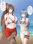  2girls beach bikini blue_eyes blue_hair blue_sky breasts brown_hair cherry_blossoms clouds commentary_request day feet_out_of_frame flower gotland_(kancolle) hair_flower hair_ornament huge_breasts kantai_collection large_breasts leaf_print long_hair majin_(marcia) mismatched_bikini multiple_girls official_alternate_costume outdoors ponytail pov pov_hands red_sarong sarong sky swimsuit translation_request white_bikini yamato_(kancolle) 